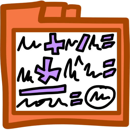 An orange file folder with 3 tabs across the top has a white rectangle on its front, inside the rectangle are a bunch of black scribbles broken up by mathematical functions outlined in black and filled in purple. The notation falls roughly in 3 rows with an equals sign at the end of each one. Except for the final row, where after the equals is a circled scribble.